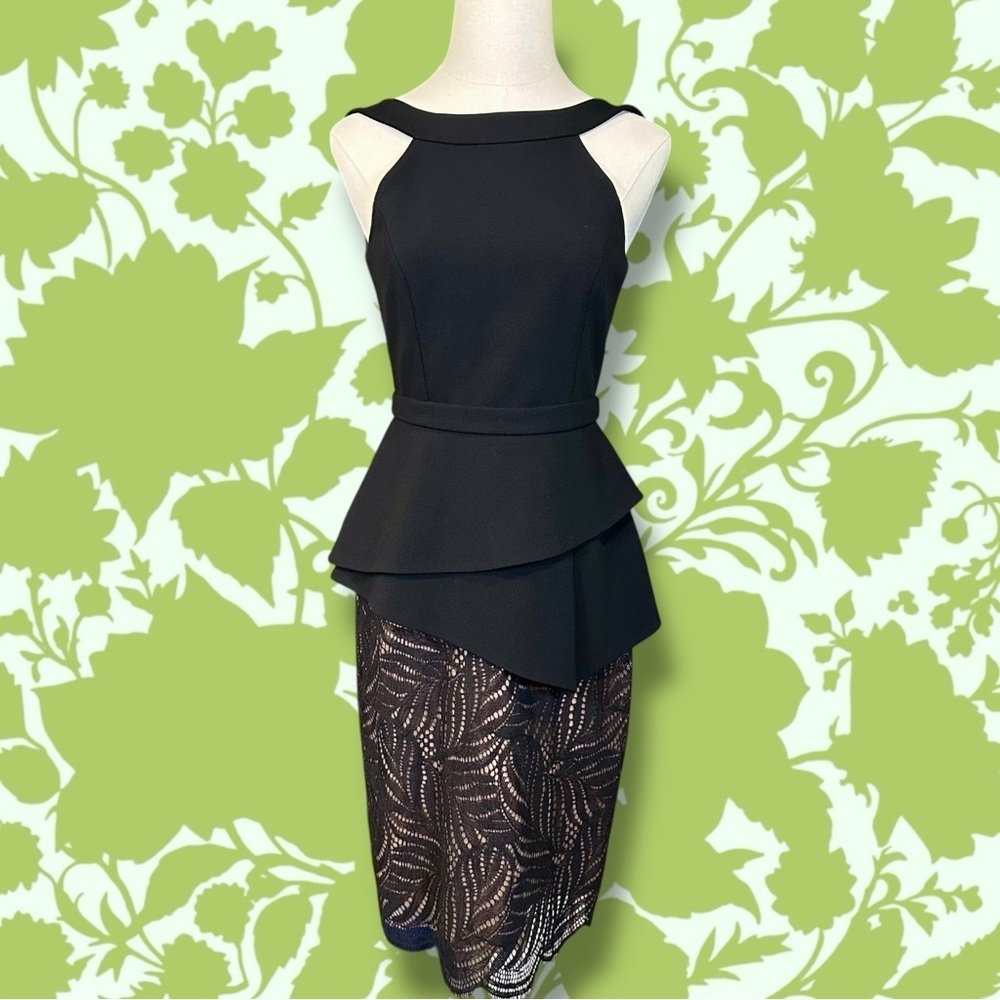 NWT BCBGMaxAzria ‘Reya’ Black & Nude Lace Peplum Detail Open Back Dress Size 2